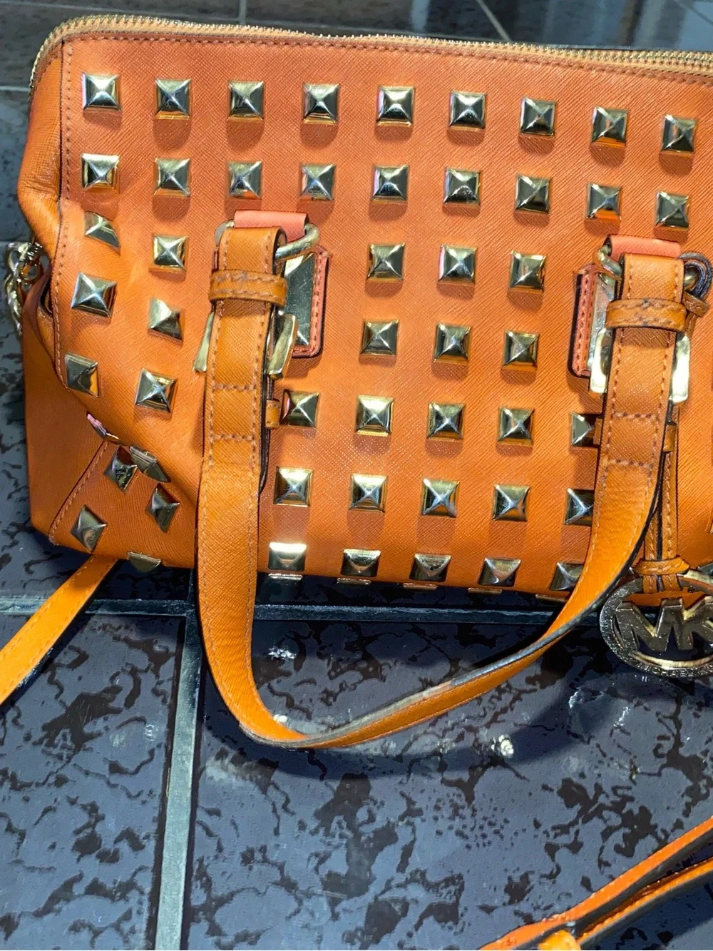 Michael Kors Orange Leather Satchel with Gold Studs